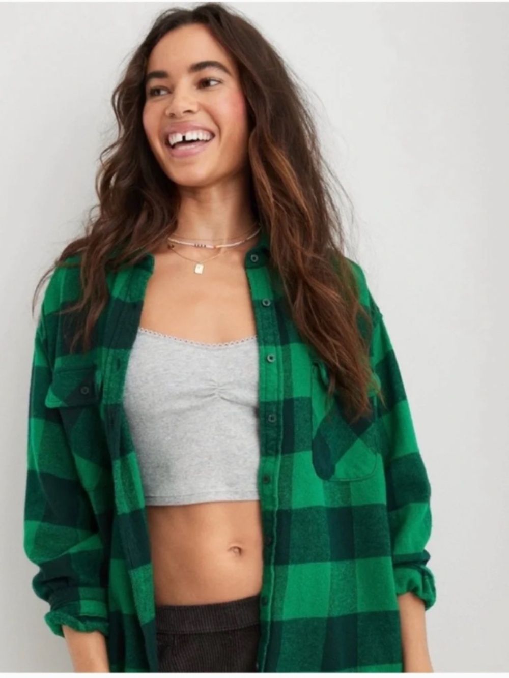 Aerie LumberJane Oversized Flannel Shirt in Green & Black Buffalo Plaid Sz L